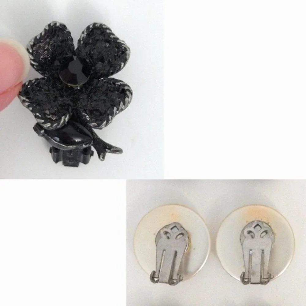 Vintage Black Rhinestone &‎ Pearl Formal Clip Earrings (Set of 3)